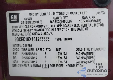 2003 Chevrolet Silverado 1500 Ls from USA, damaged, VIN 2GCEC19X131263383